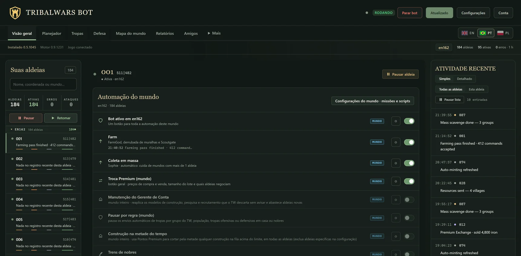 Painel do Tribalwars Bot em português, com dados de exemplo